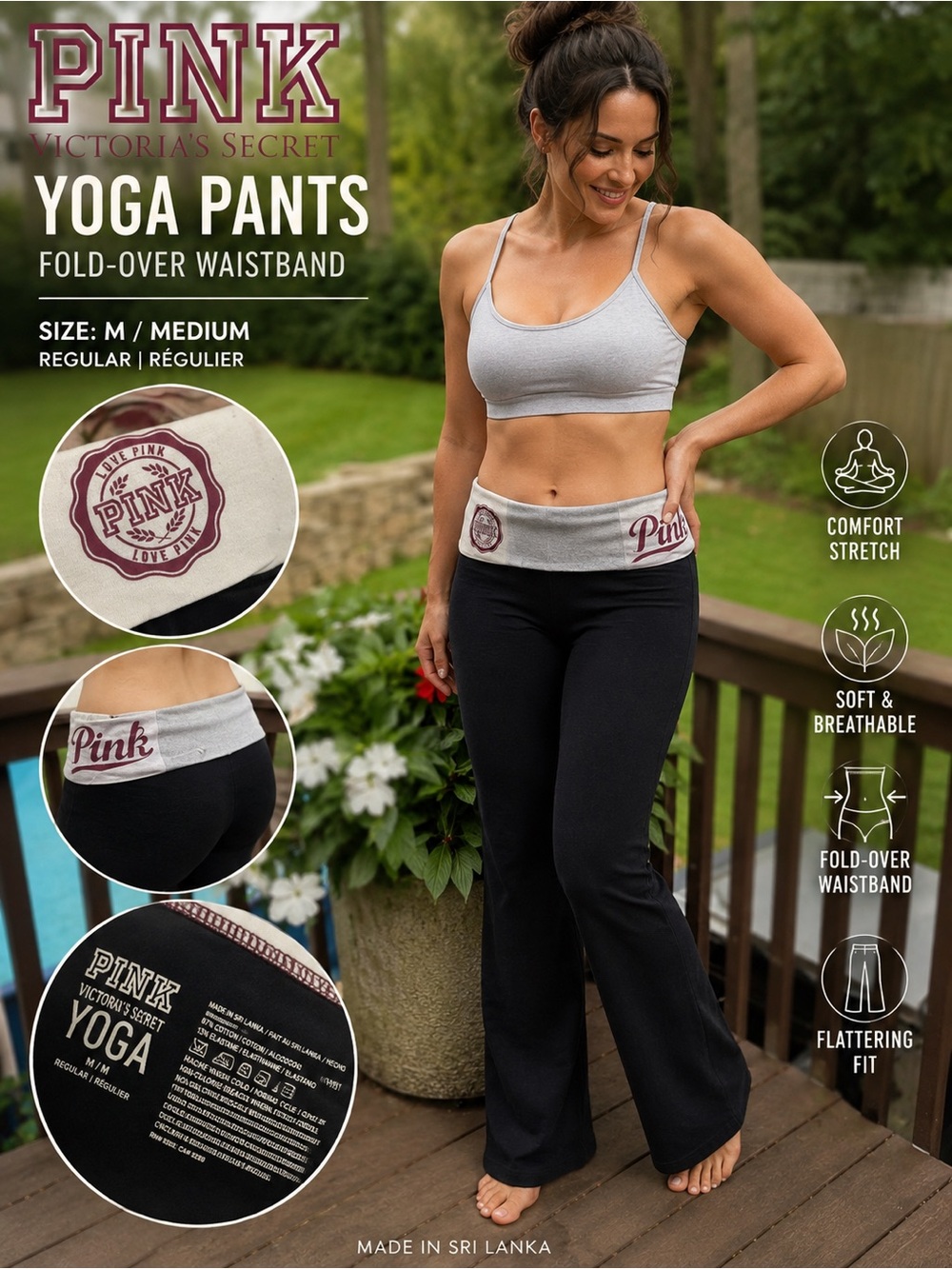 PINK Victoria's Secret fold-over waistband yoga pants black gray M Regular flare